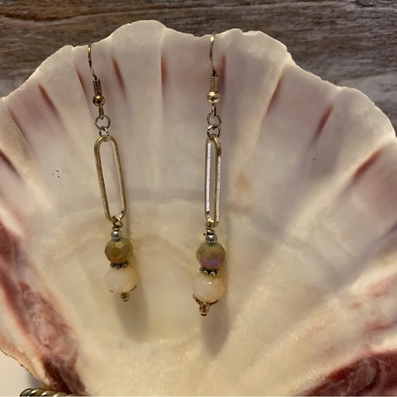 Artisan Jewelry - Beaded geometric dangle fish hook earrings artisan handmade champagne neutral
